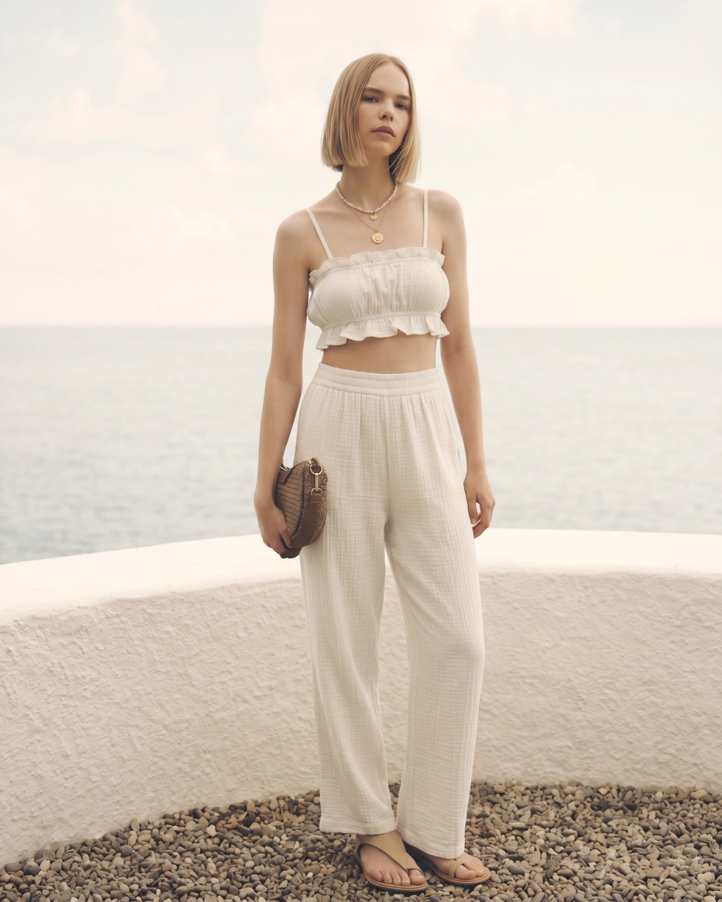 Kadın Yazlık Müslin İkili Takım - Fırfır Detaylı Askılı Crop Top ve Yüksek Bel Bol Paça Pantolon Seti