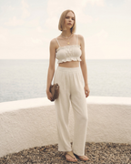 Kadın Yazlık Müslin İkili Takım - Fırfır Detaylı Askılı Crop Top ve Yüksek Bel Bol Paça Pantolon Seti