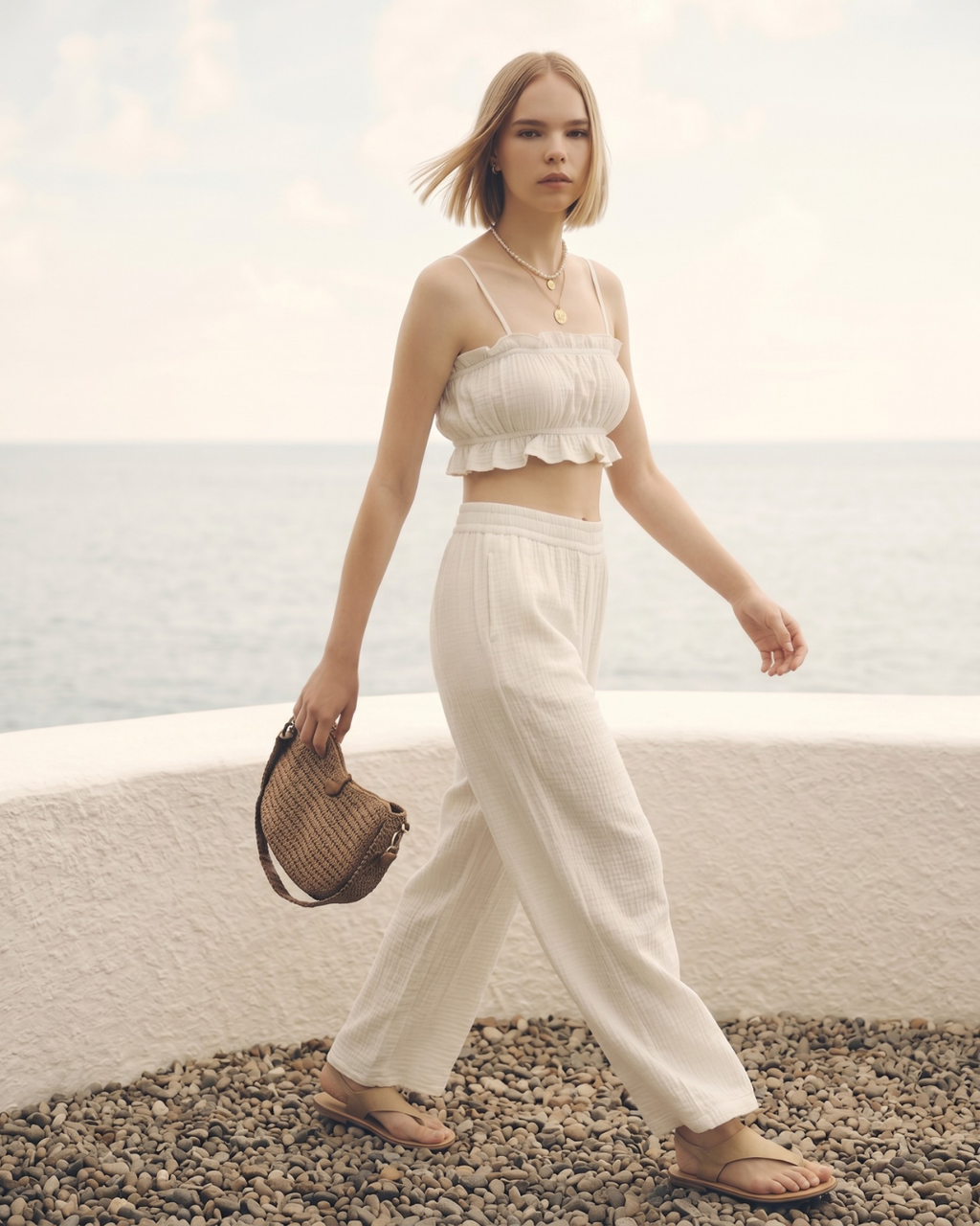 Kadın Yazlık Müslin İkili Takım - Fırfır Detaylı Askılı Crop Top ve Yüksek Bel Bol Paça Pantolon Seti