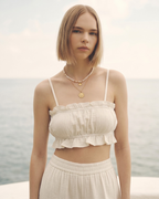 Kadın Yazlık Müslin İkili Takım - Fırfır Detaylı Askılı Crop Top ve Yüksek Bel Bol Paça Pantolon Seti