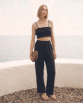 Kadın Yazlık Müslin İkili Takım - Fırfır Detaylı Askılı Crop Top ve Yüksek Bel Bol Paça Pantolon Seti