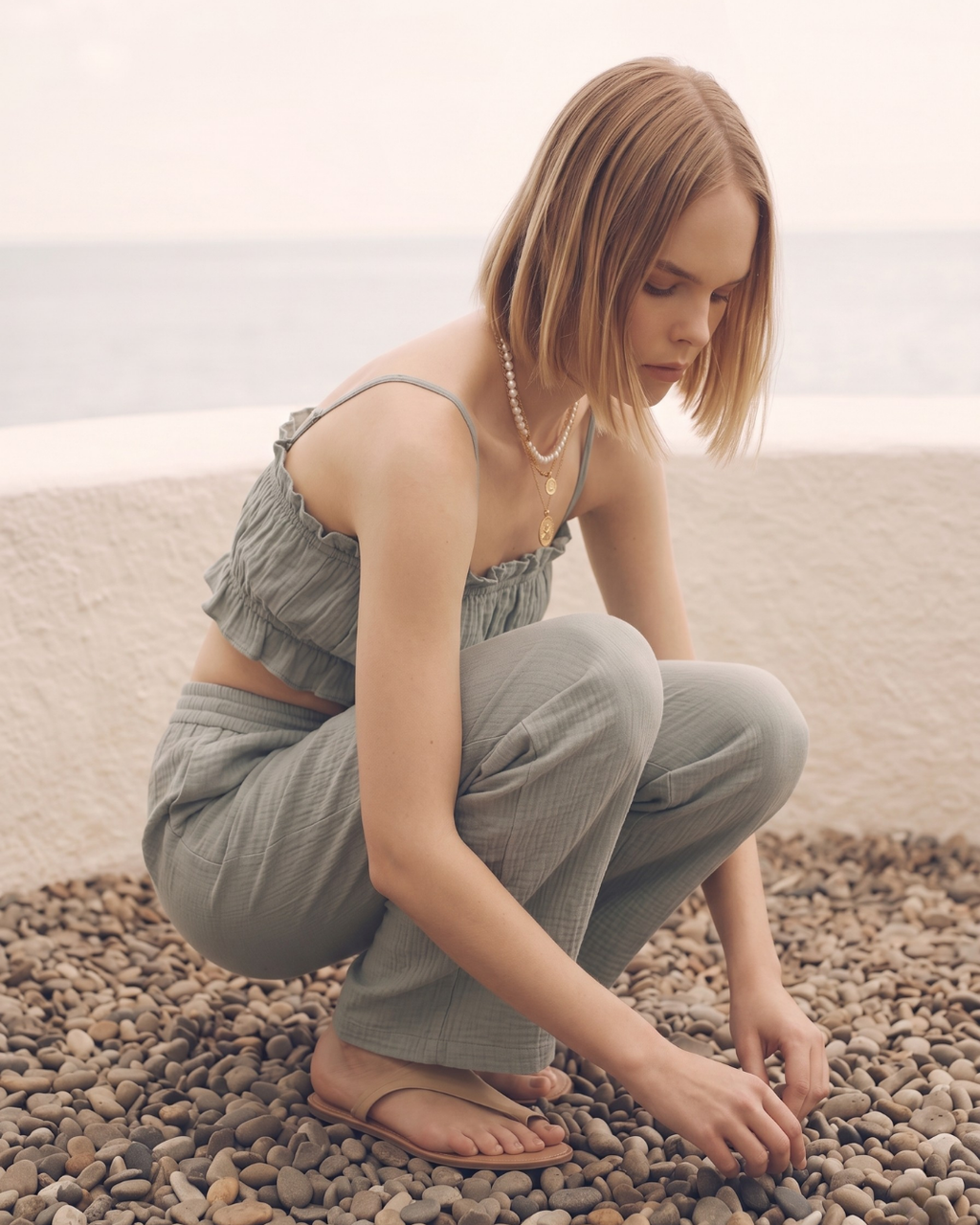 Kadın Yazlık Müslin İkili Takım - Fırfır Detaylı Askılı Crop Top ve Yüksek Bel Bol Paça Pantolon Seti