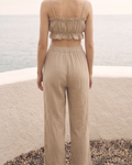 Kadın Yazlık Müslin İkili Takım - Fırfır Detaylı Askılı Crop Top ve Yüksek Bel Bol Paça Pantolon Seti