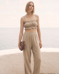 Kadın Yazlık Müslin İkili Takım - Fırfır Detaylı Askılı Crop Top ve Yüksek Bel Bol Paça Pantolon Seti