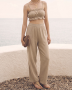Kadın Yazlık Müslin İkili Takım - Fırfır Detaylı Askılı Crop Top ve Yüksek Bel Bol Paça Pantolon Seti
