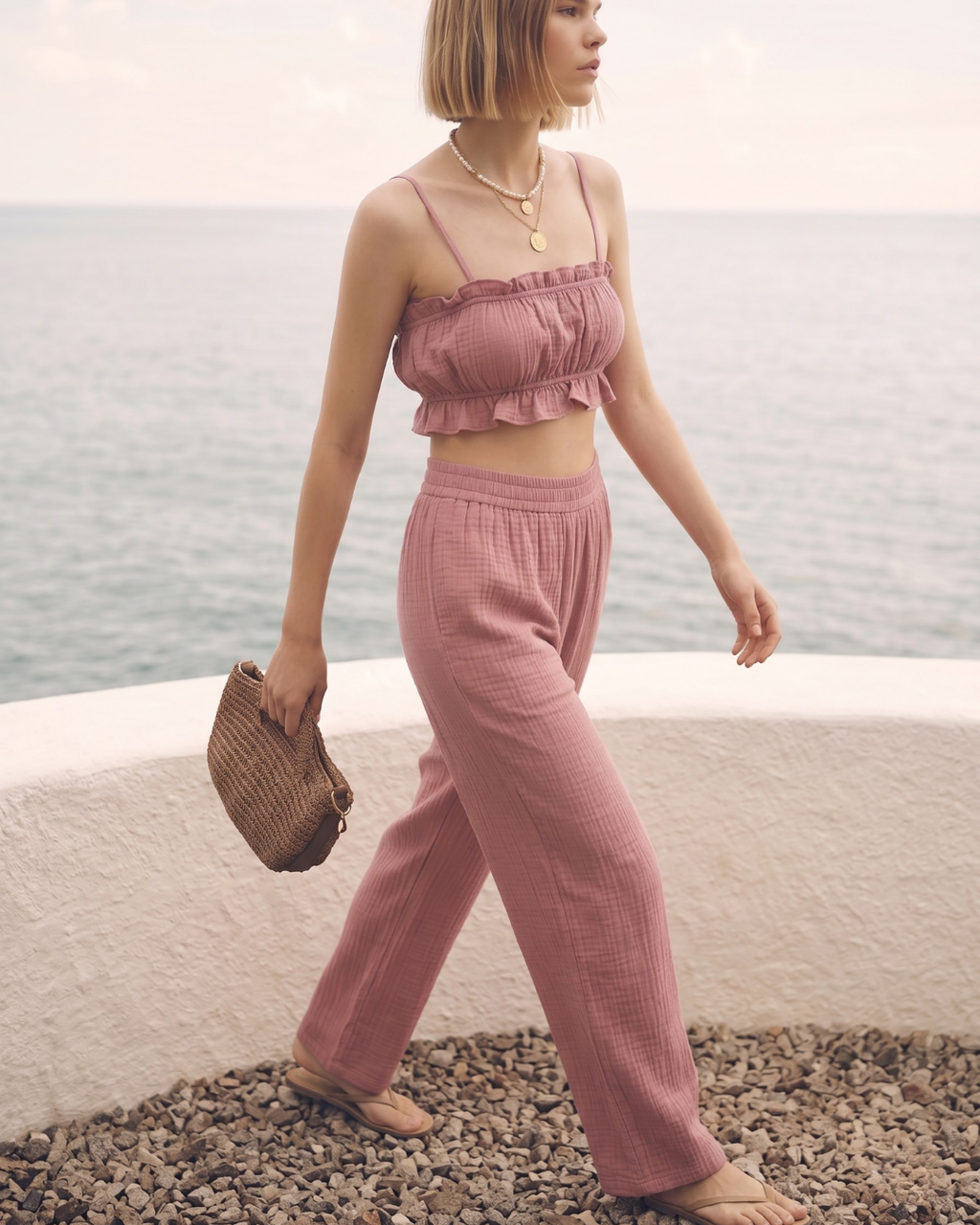 Kadın Yazlık Müslin İkili Takım - Fırfır Detaylı Askılı Crop Top ve Yüksek Bel Bol Paça Pantolon Seti