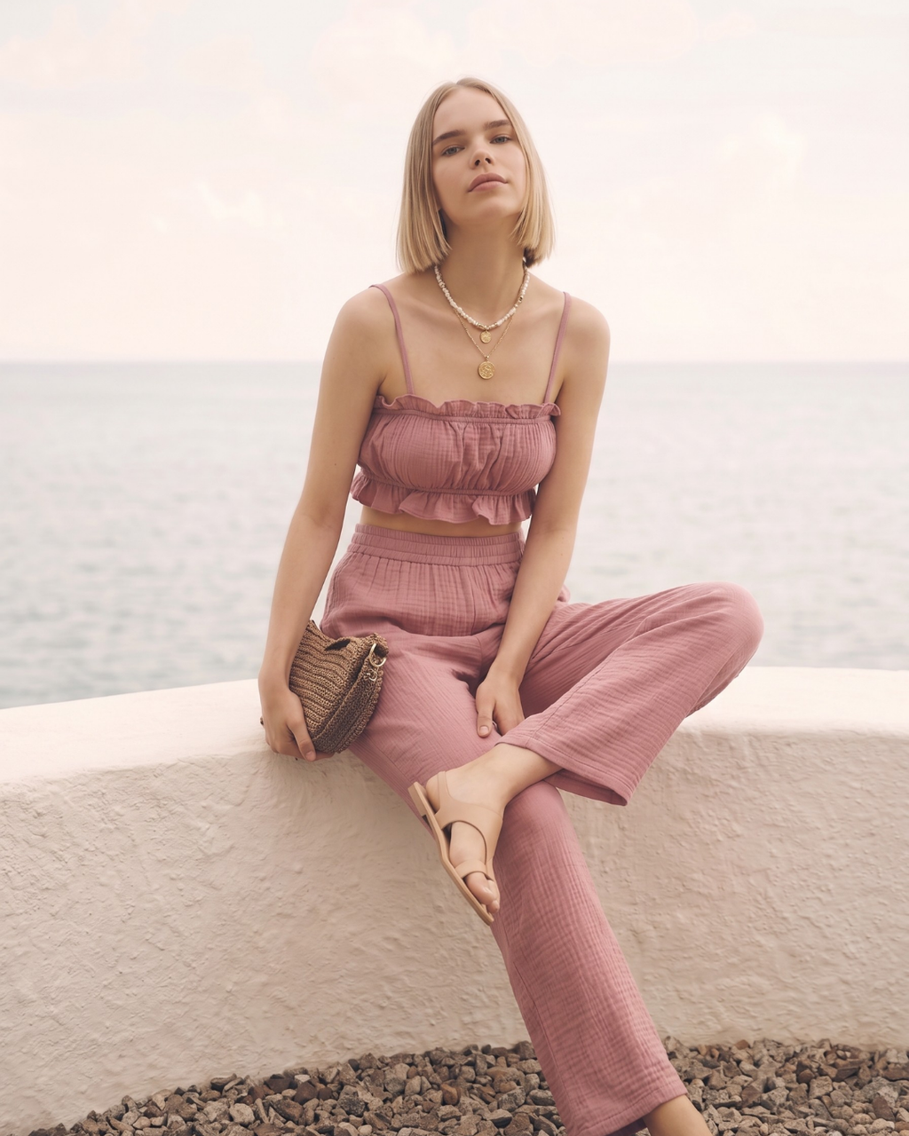Kadın Yazlık Müslin İkili Takım - Fırfır Detaylı Askılı Crop Top ve Yüksek Bel Bol Paça Pantolon Seti
