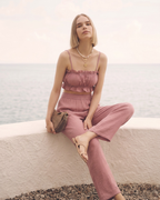 Kadın Yazlık Müslin İkili Takım - Fırfır Detaylı Askılı Crop Top ve Yüksek Bel Bol Paça Pantolon Seti