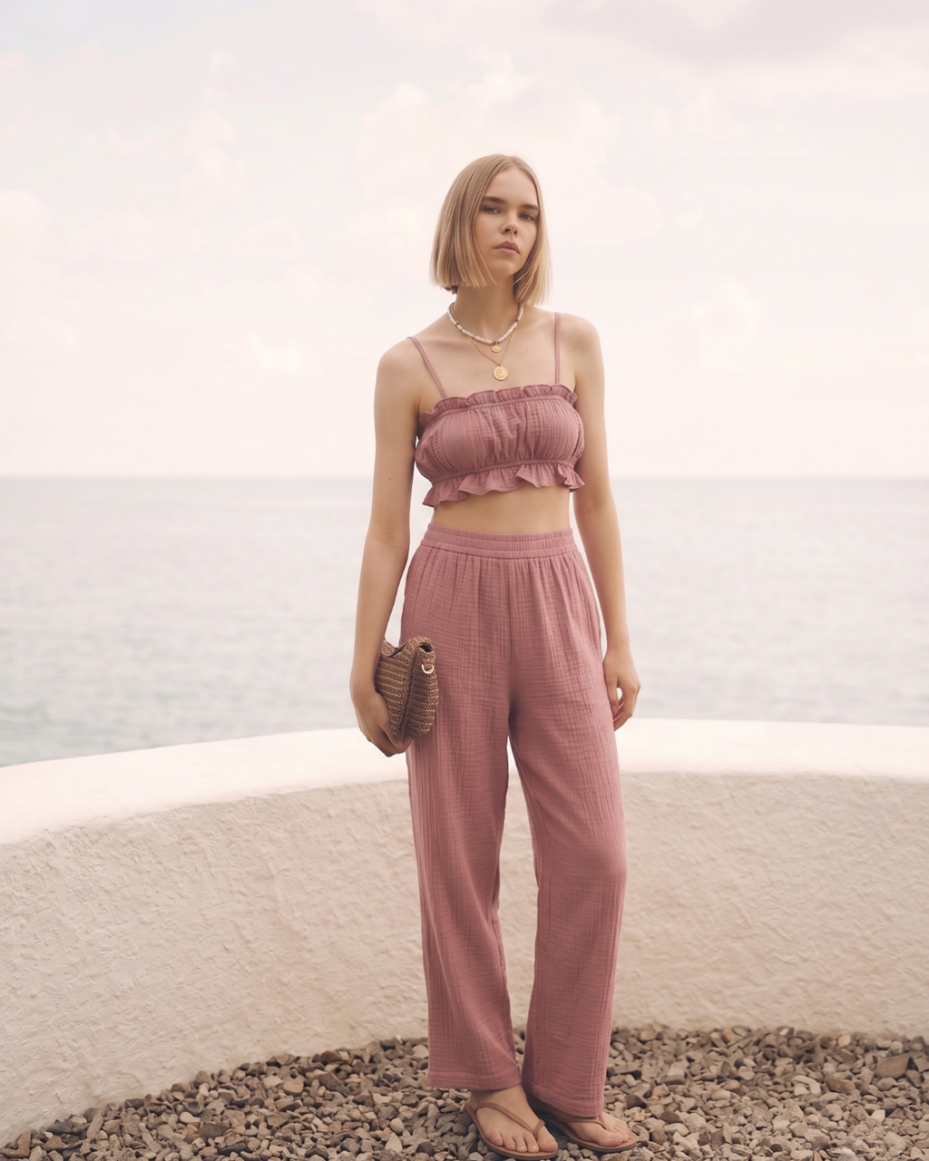 Kadın Yazlık Müslin İkili Takım - Fırfır Detaylı Askılı Crop Top ve Yüksek Bel Bol Paça Pantolon Seti