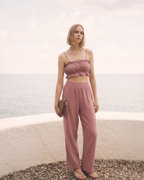 Kadın Yazlık Müslin İkili Takım - Fırfır Detaylı Askılı Crop Top ve Yüksek Bel Bol Paça Pantolon Seti