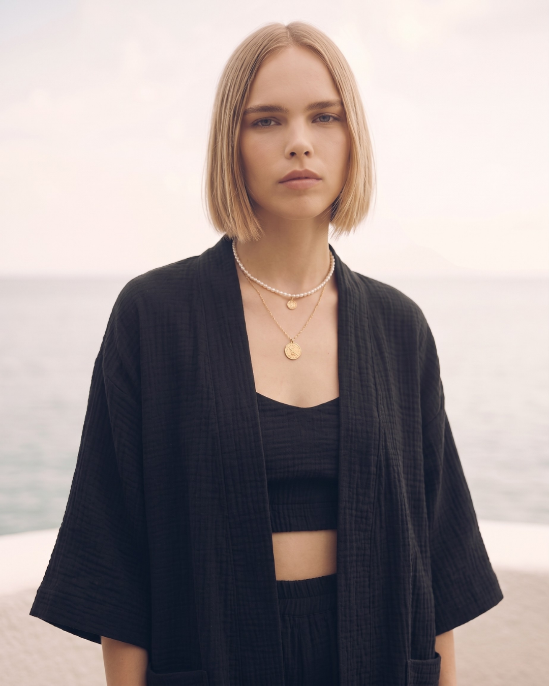 Kadın Yazlık Müslin 3'lü Set - Salaş Kimono Ceket, Crop Top ve Lastikli Şort Takımı