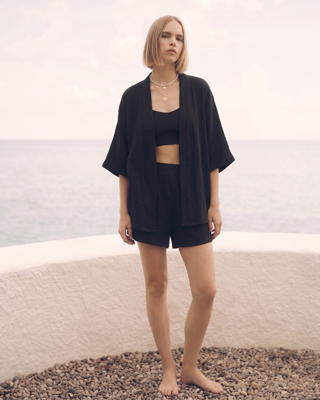 Kadın Yazlık Müslin 3'lü Set - Salaş Kimono Ceket, Crop Top ve Lastikli Şort Takımı