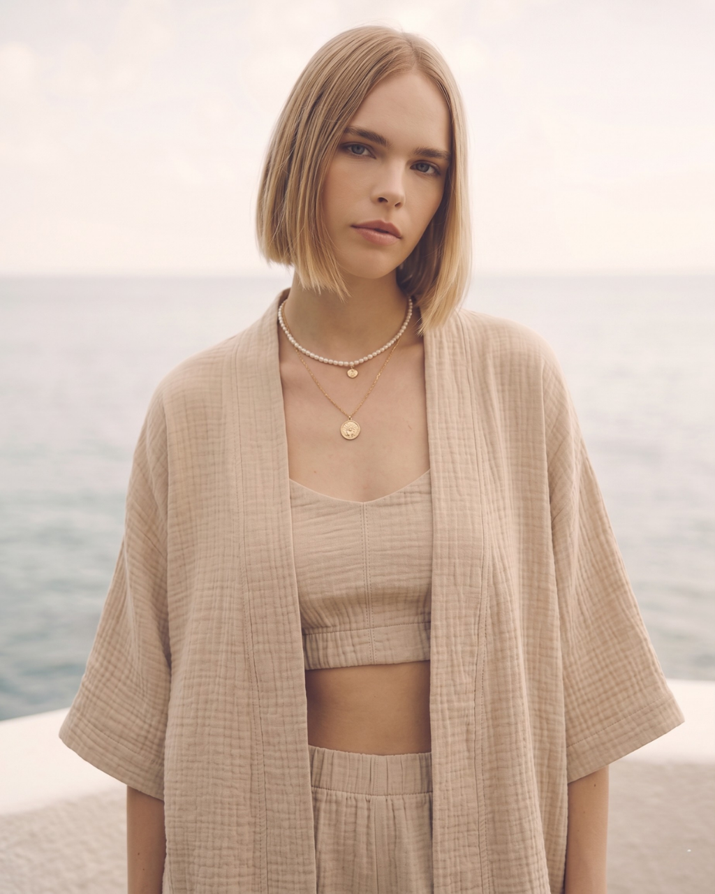 Kadın Yazlık Müslin 3'lü Set - Salaş Kimono Ceket, Crop Top ve Lastikli Şort Takımı