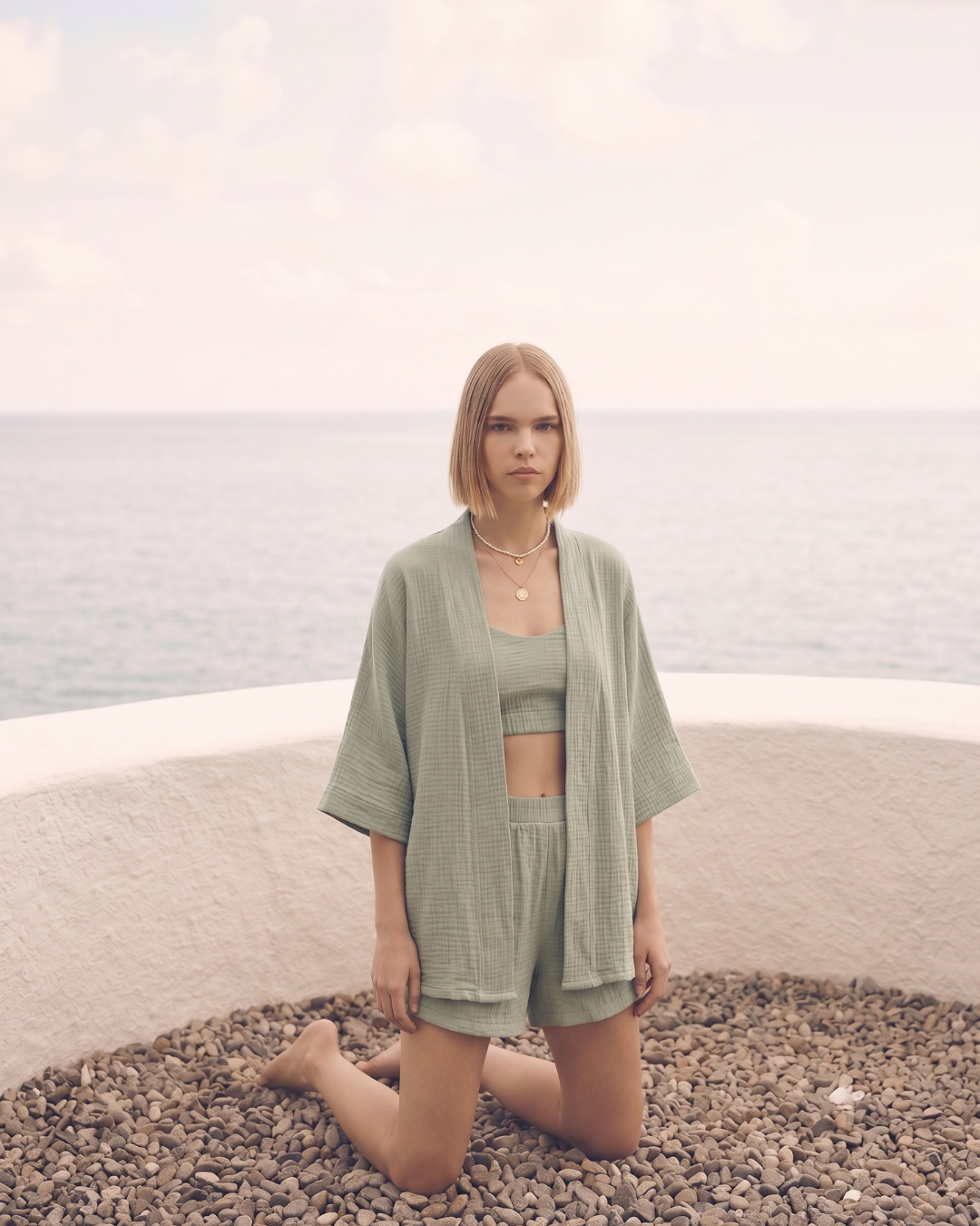 Kadın Yazlık Müslin 3'lü Set - Salaş Kimono Ceket, Crop Top ve Lastikli Şort Takımı