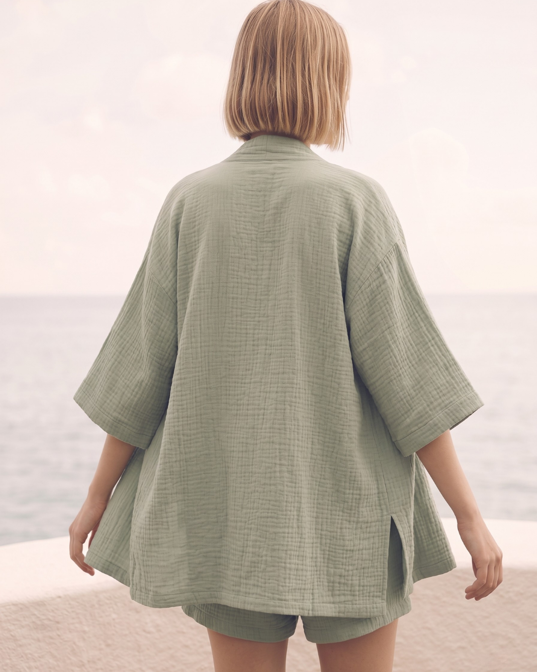 Kadın Yazlık Müslin 3'lü Set - Salaş Kimono Ceket, Crop Top ve Lastikli Şort Takımı