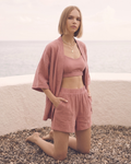 Kadın Yazlık Müslin 3'lü Set - Salaş Kimono Ceket, Crop Top ve Lastikli Şort Takımı