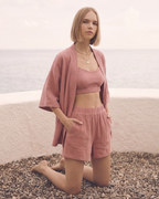 Kadın Yazlık Müslin 3'lü Set - Salaş Kimono Ceket, Crop Top ve Lastikli Şort Takımı