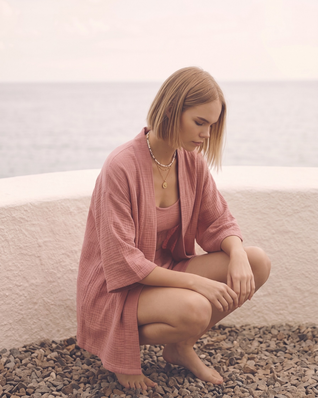 Kadın Yazlık Müslin 3'lü Set - Salaş Kimono Ceket, Crop Top ve Lastikli Şort Takımı