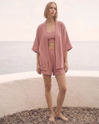 Kadın Yazlık Müslin 3'lü Set - Salaş Kimono Ceket, Crop Top ve Lastikli Şort Takımı