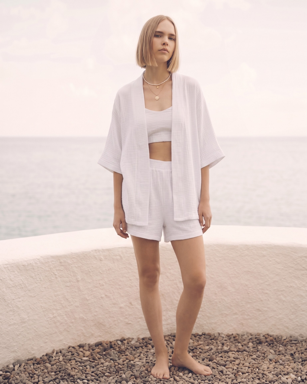 Kadın Yazlık Müslin 3'lü Set - Salaş Kimono Ceket, Crop Top ve Lastikli Şort Takımı