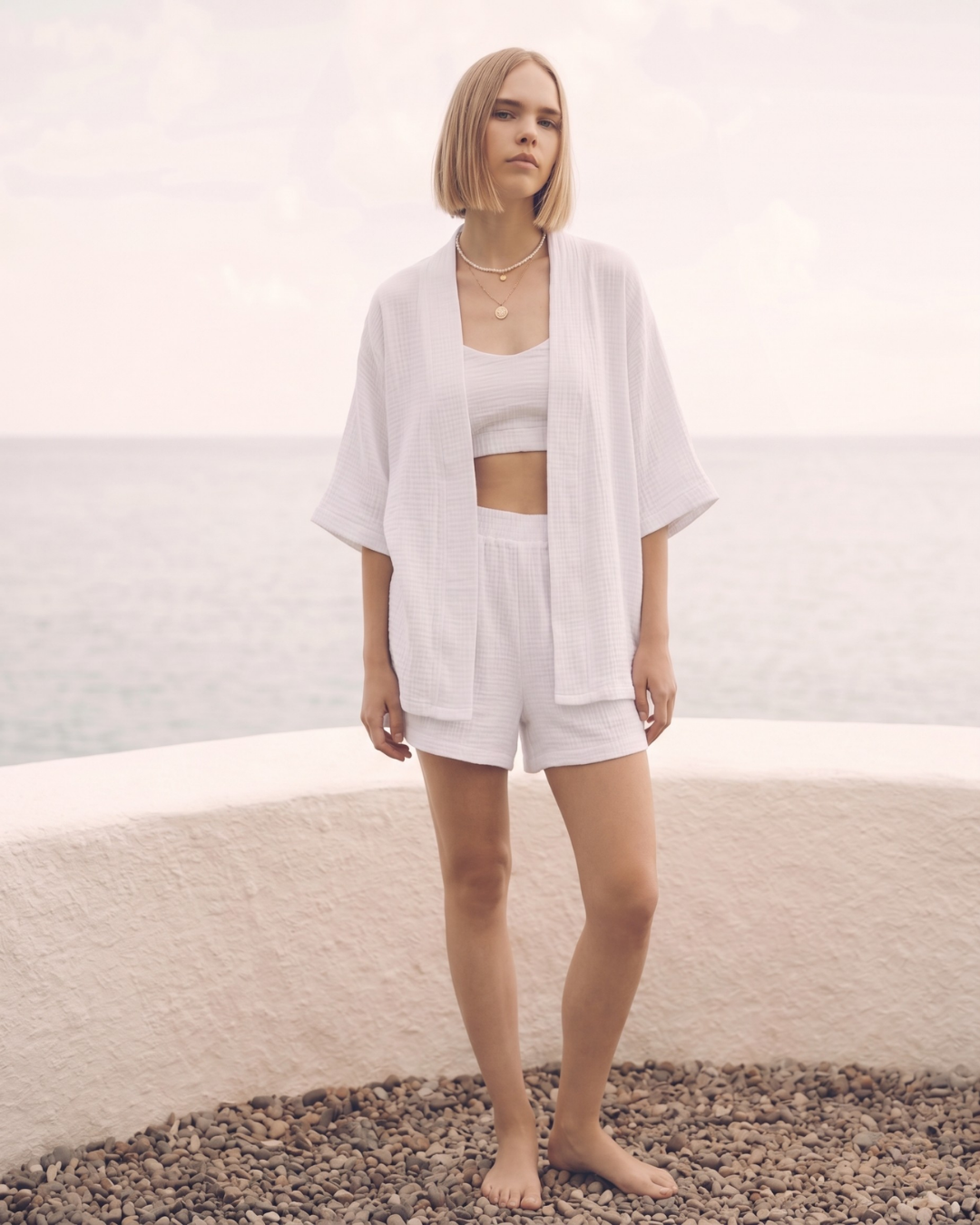 Kadın Yazlık Müslin 3'lü Set - Salaş Kimono Ceket, Crop Top ve Lastikli Şort Takımı