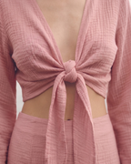 Kadın Yazlık Müslin İkili Takım - Uzun Kollu Crop Top ve Yüksek Bel Mini Etek Seti