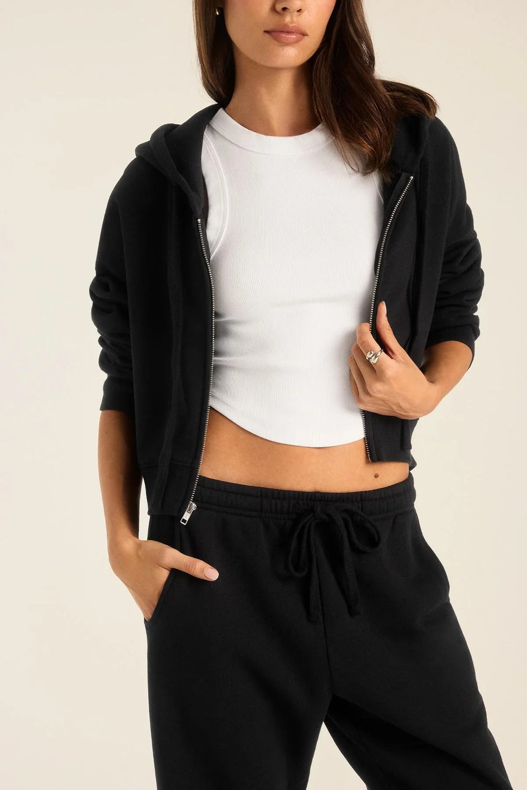 Kadın Fermuarlı Kapüşonlu Crop Sweatshirt