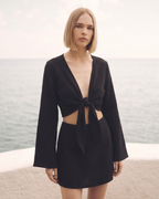 Kadın Yazlık Müslin İkili Takım - Uzun Kollu Crop Top ve Yüksek Bel Mini Etek Seti