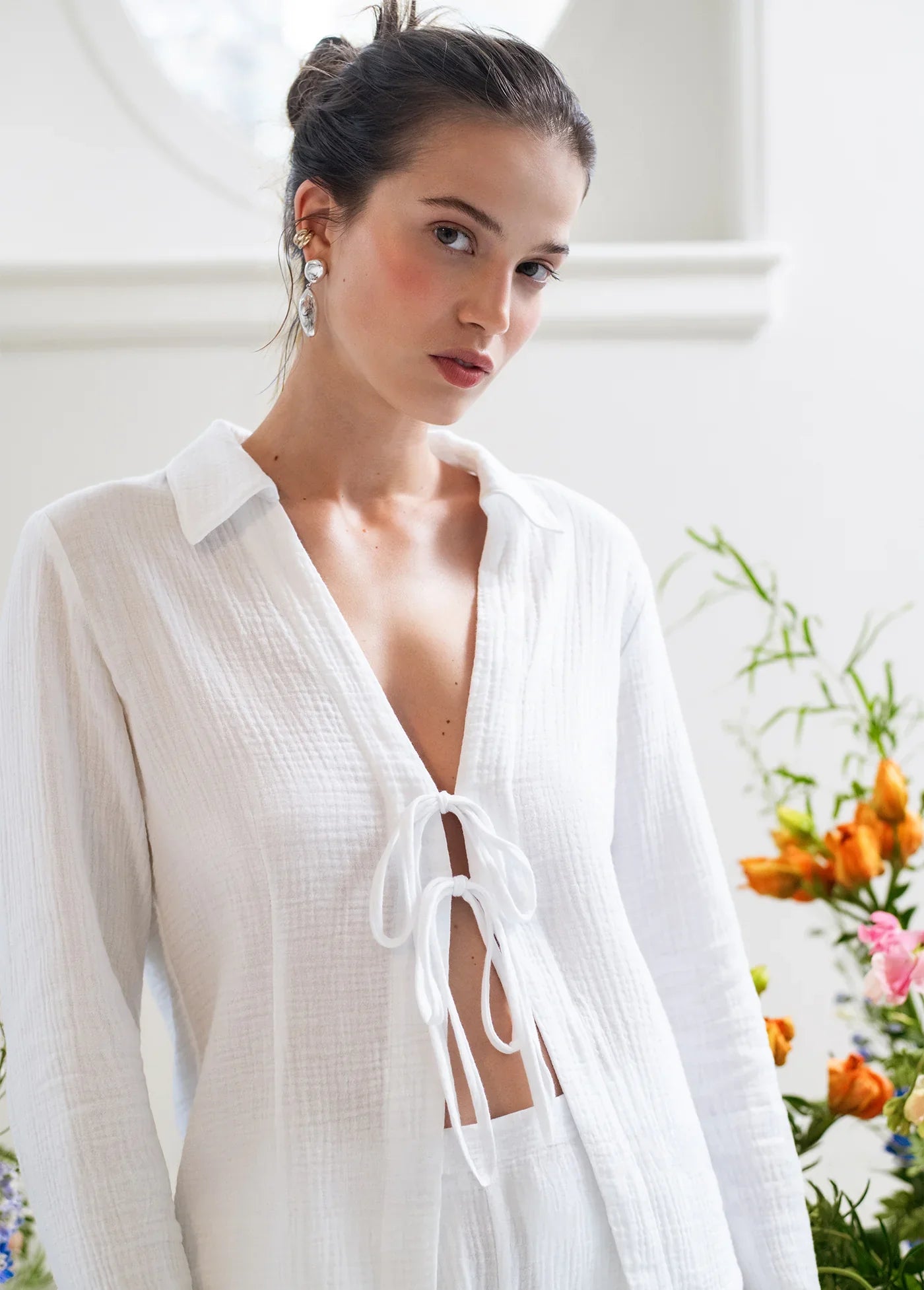 Müslin Kadın Bağlamalı Gömlek ve Pantolon Seti, 2 Kat Müslin Kumaş, Rahat Kalıp - Beyaz