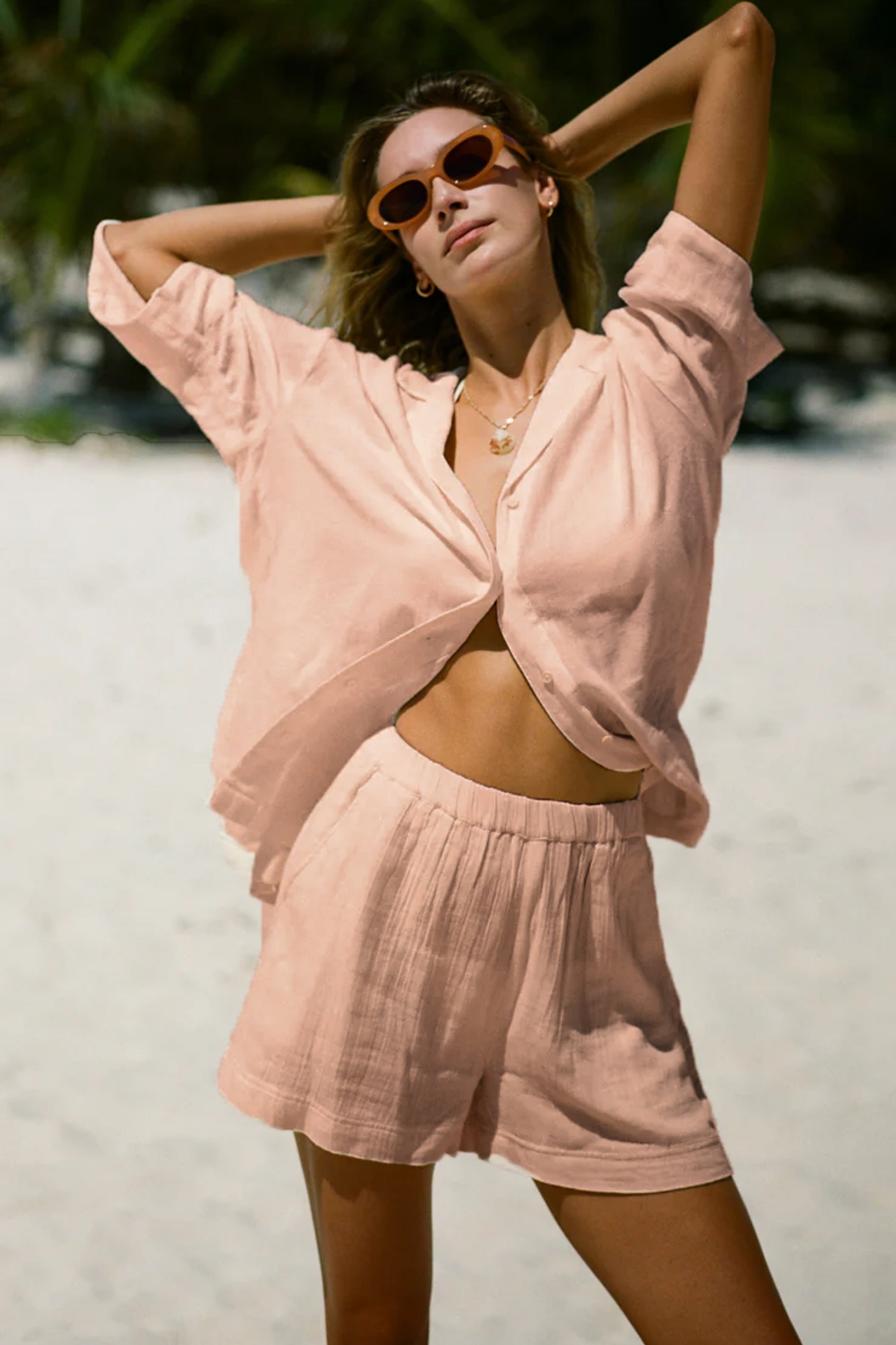 Kadın Müslin Plaj Gömleği - Günlük, Plaj. - Pembe