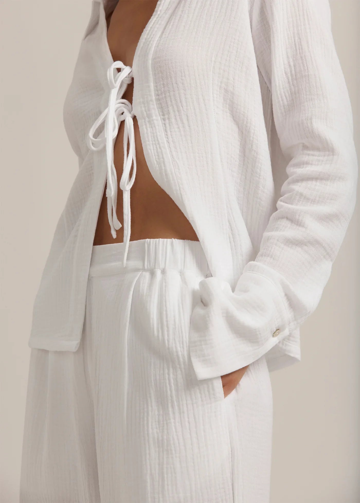 Müslin Kadın Bağlamalı Gömlek ve Pantolon Seti, 2 Kat Müslin Kumaş, Rahat Kalıp - Beyaz