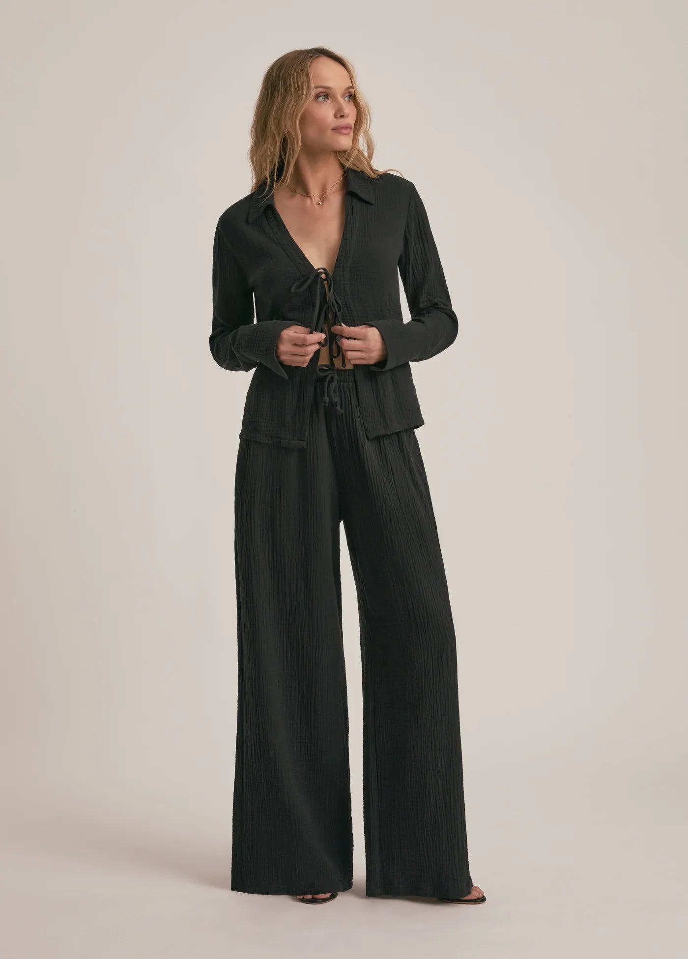 Bağlamalı Müslin Kadın Gömlek – Müslin Kumaş – Hafif, Nefes Alabilir – Plaj & Günlük - Siyah